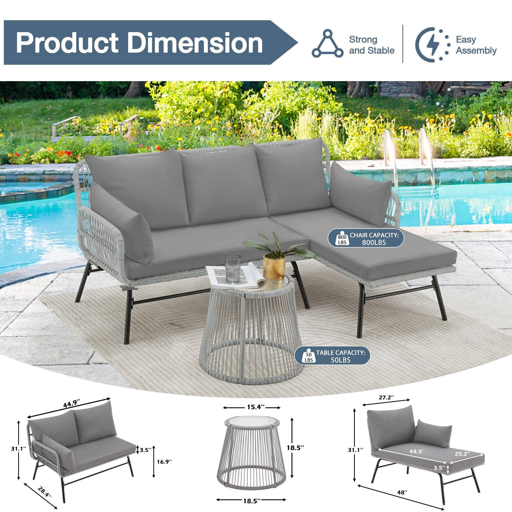 Ensemble de canapés de conversation sectionnels en osier, ensemble de meubles de patio 3 pièces avec coussins épais et table basse en verre trempé