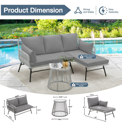 Ensemble de canapés de conversation sectionnels en osier, ensemble de meubles de patio 3 pièces avec coussins épais et table basse en verre trempé