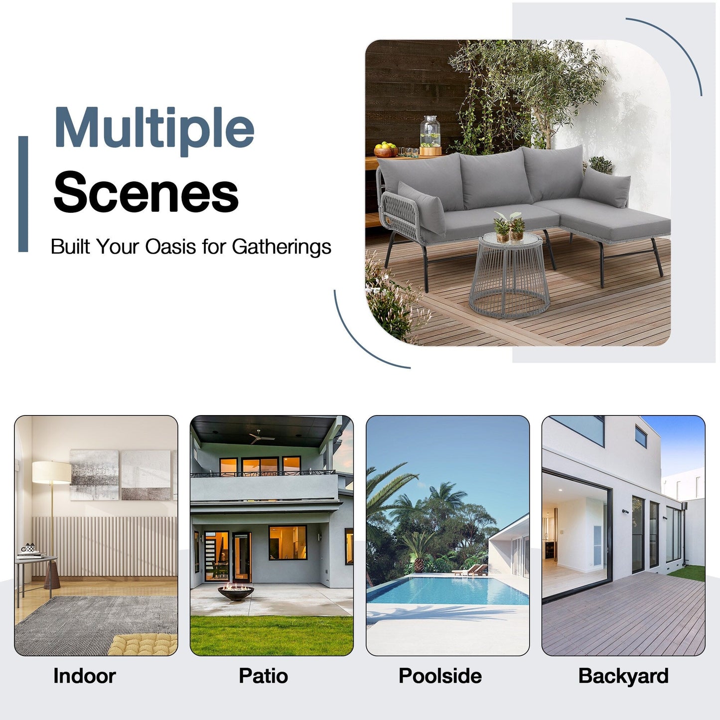 Ensemble de canapés de conversation sectionnels en osier, ensemble de meubles de patio 3 pièces avec coussins épais et table basse en verre trempé