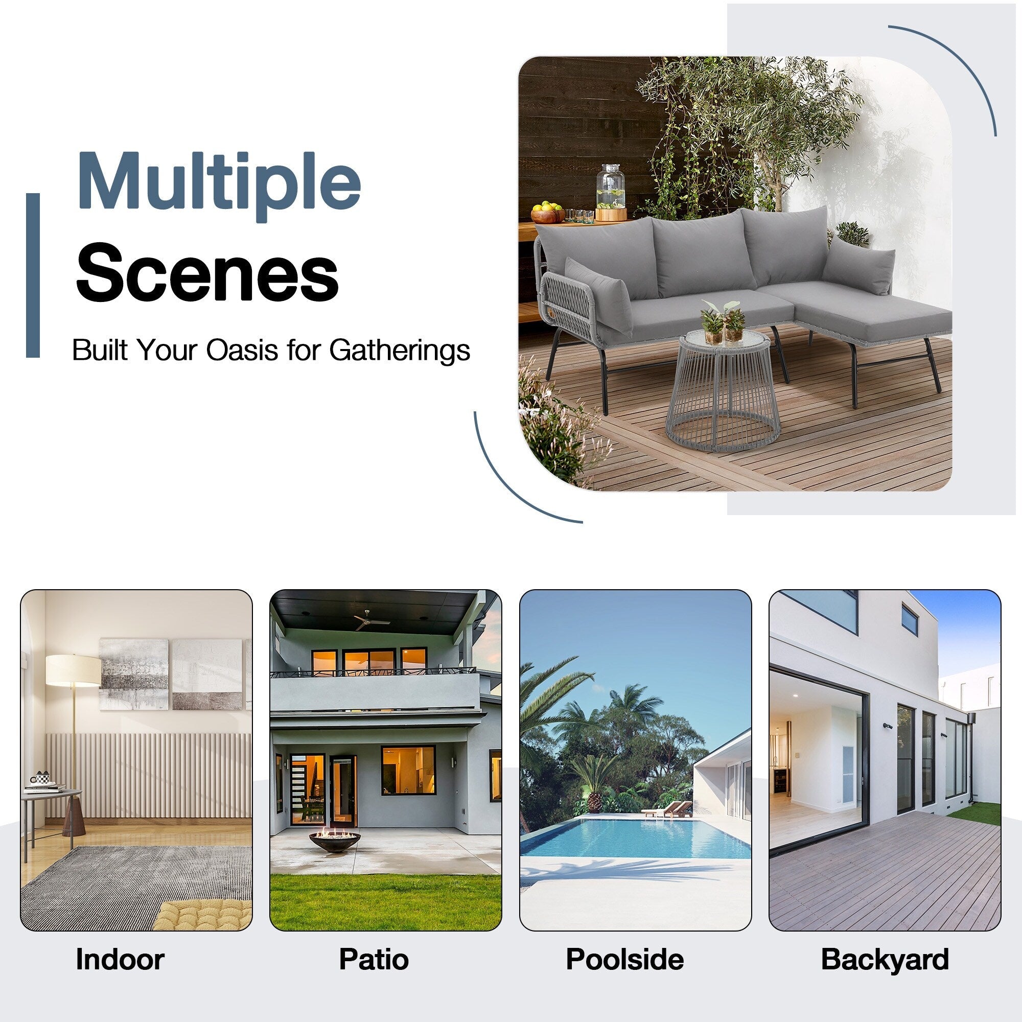 Ensemble de canapés de conversation sectionnels en osier, ensemble de meubles de patio 3 pièces avec coussins épais et table basse en verre trempé