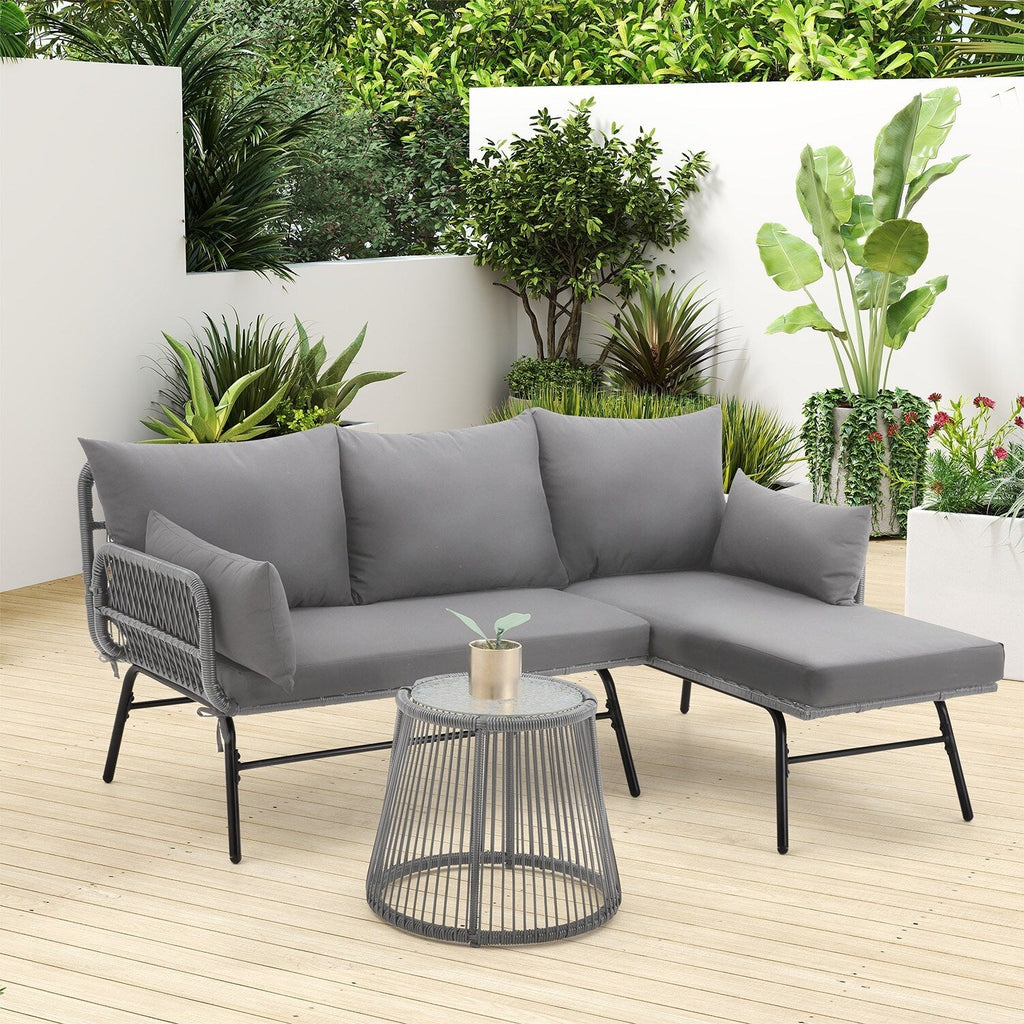 Ensemble de canapés de conversation sectionnels en osier, ensemble de meubles de patio 3 pièces avec coussins épais et table basse en verre trempé