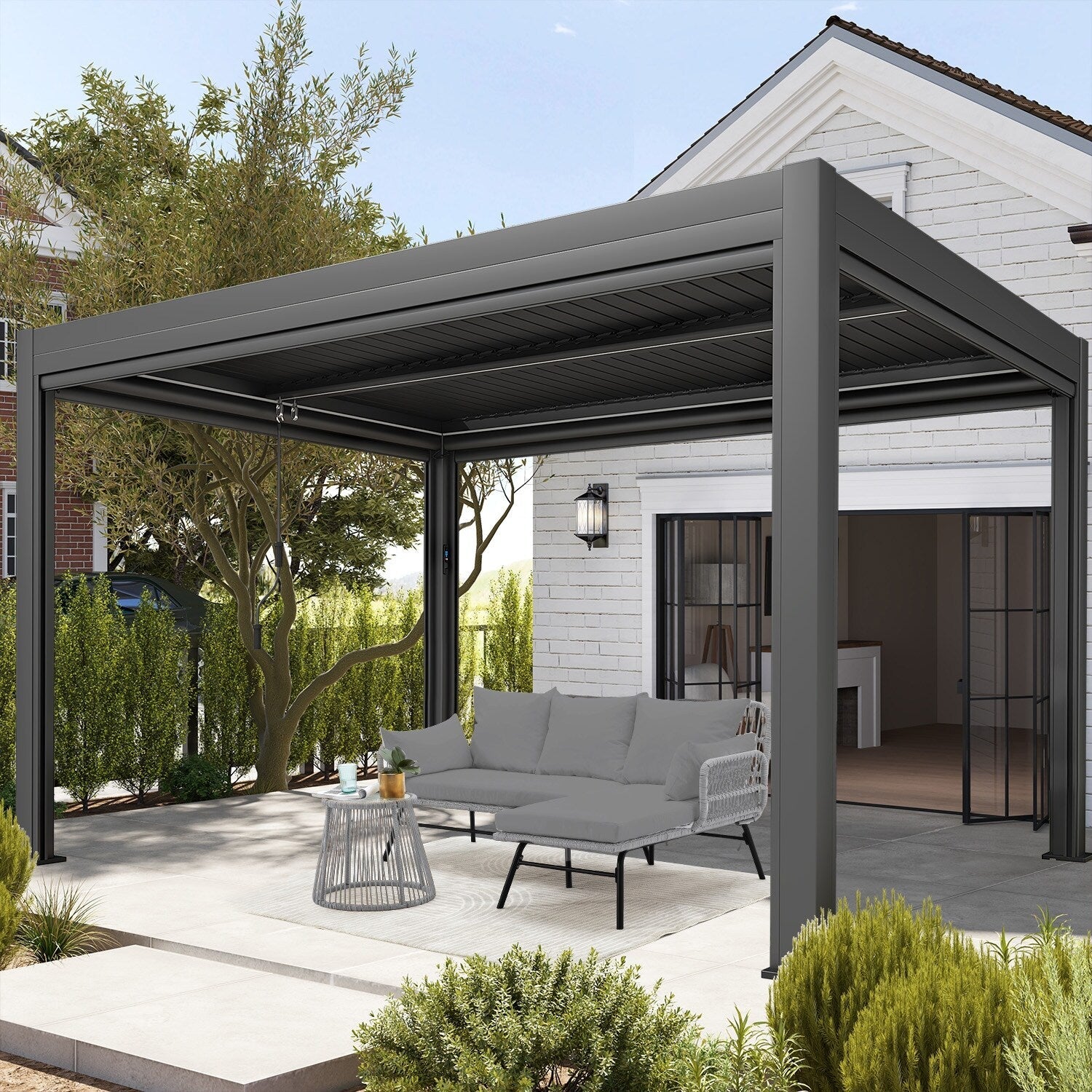 Ensemble de canapés de conversation sectionnels en osier, ensemble de meubles de patio 3 pièces avec coussins épais et table basse en verre trempé