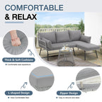 Ensemble de canapés de conversation sectionnels en osier, ensemble de meubles de patio 3 pièces avec coussins épais et table basse en verre trempé