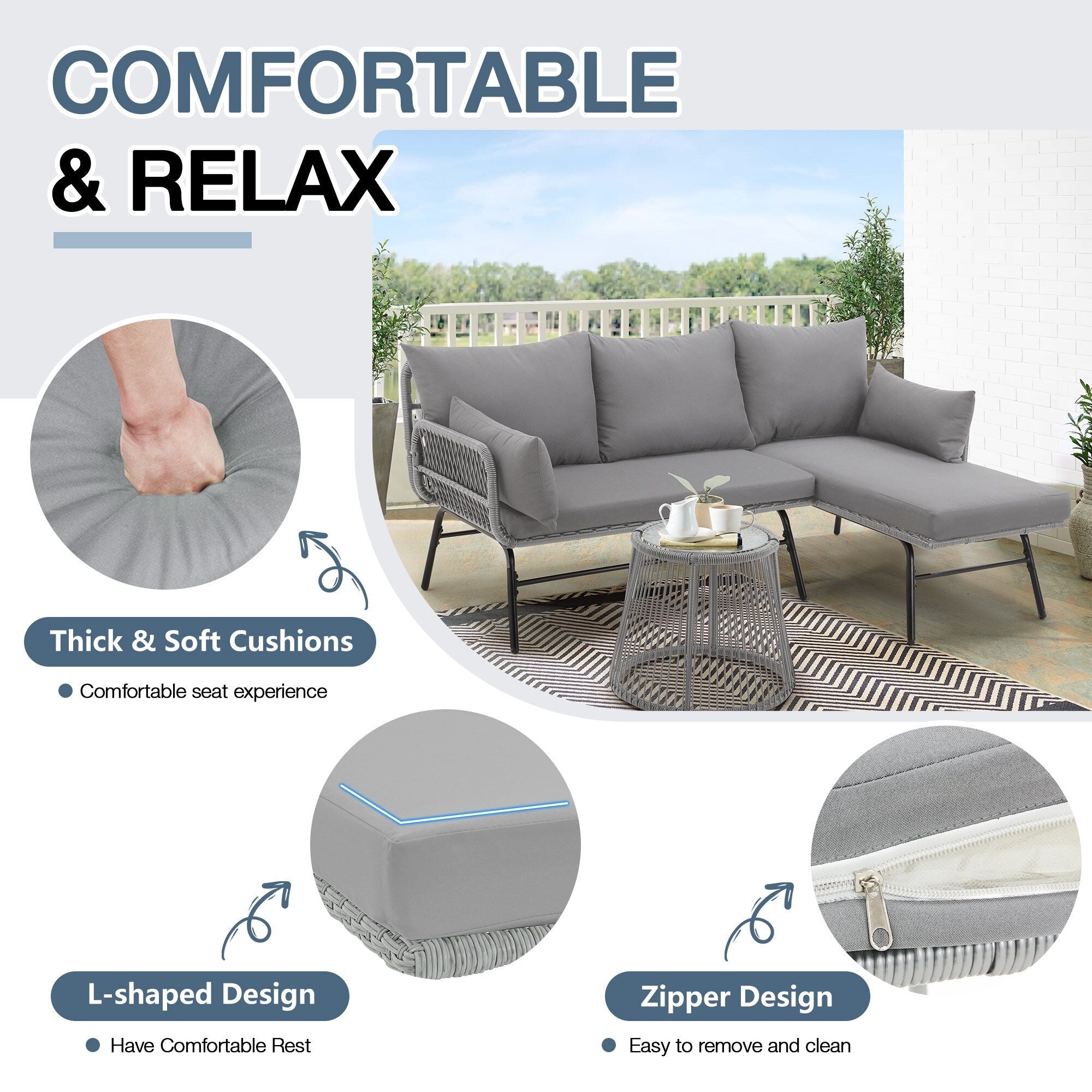 Ensemble de canapés de conversation sectionnels en osier, ensemble de meubles de patio 3 pièces avec coussins épais et table basse en verre trempé