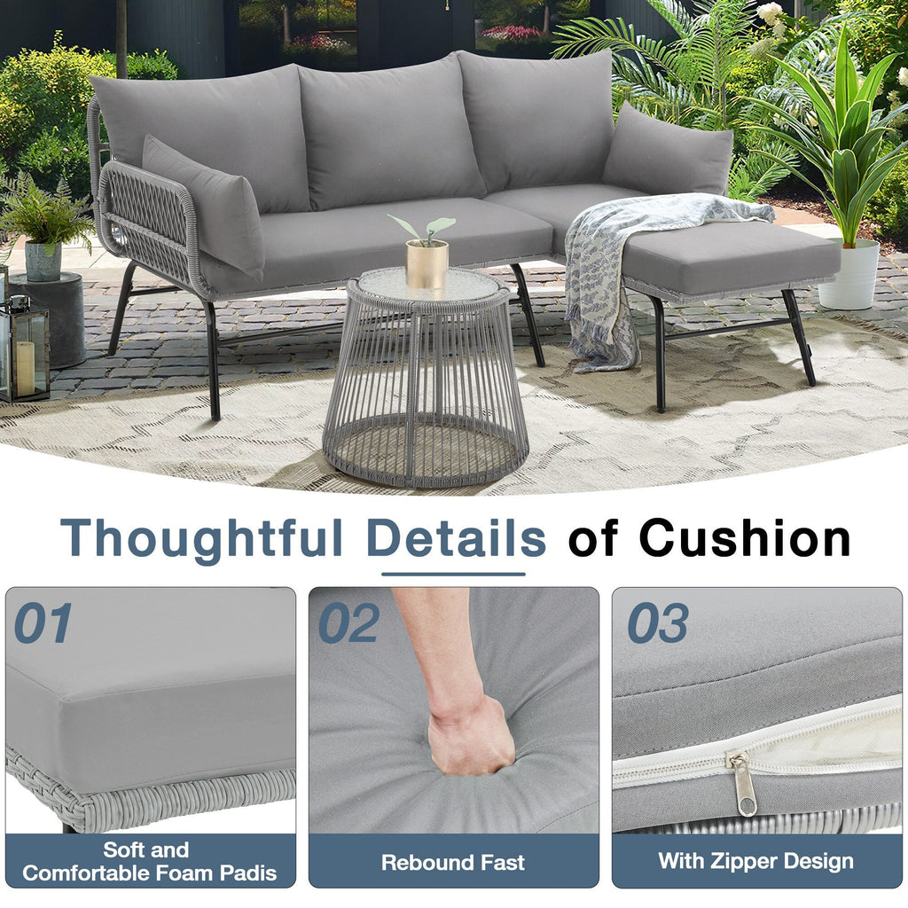 Ensemble de canapés de conversation sectionnels en osier, ensemble de meubles de patio 3 pièces avec coussins épais et table basse en verre trempé