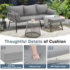 Ensemble de canapés de conversation sectionnels en osier, ensemble de meubles de patio 3 pièces avec coussins épais et table basse en verre trempé
