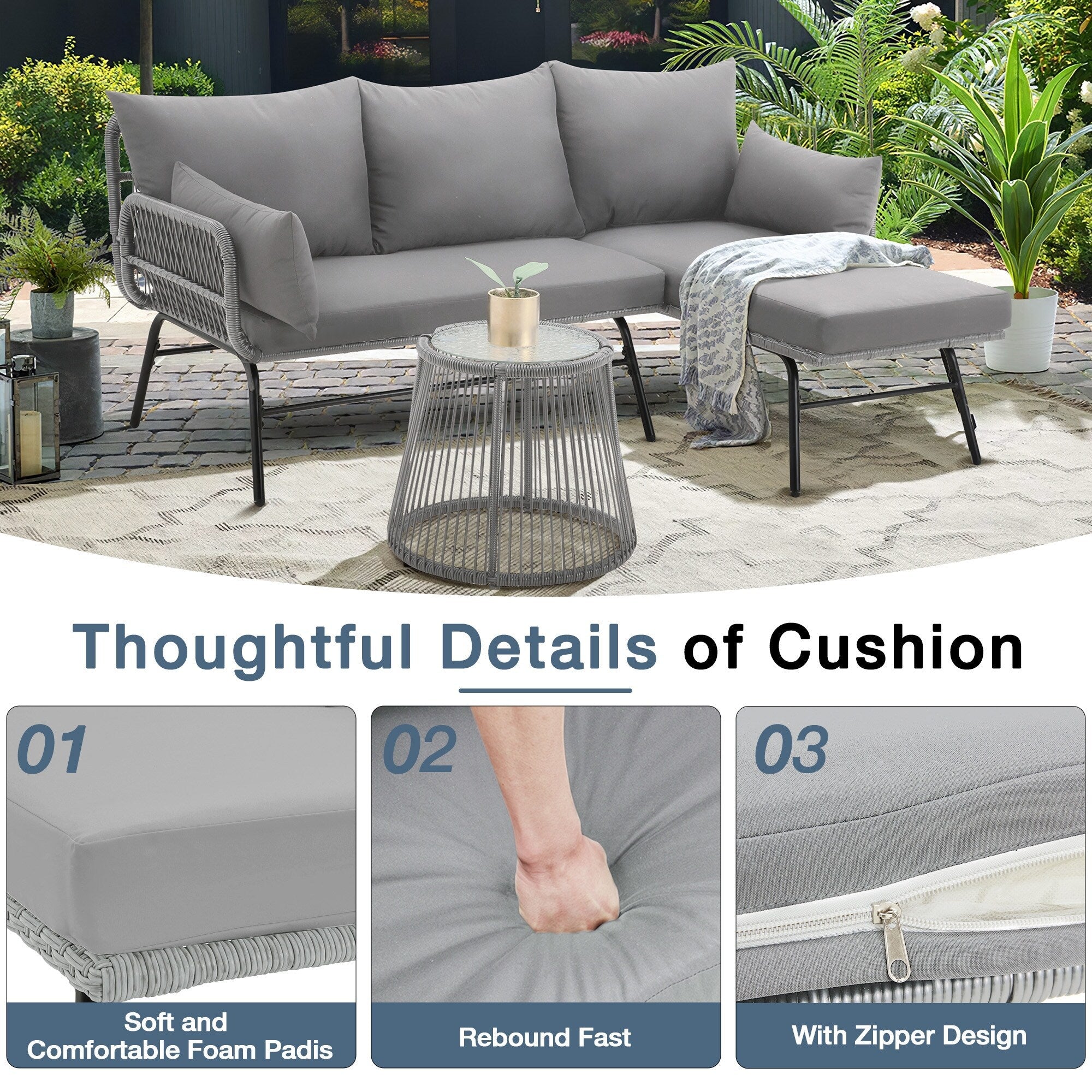 Ensemble de canapés de conversation sectionnels en osier, ensemble de meubles de patio 3 pièces avec coussins épais et table basse en verre trempé