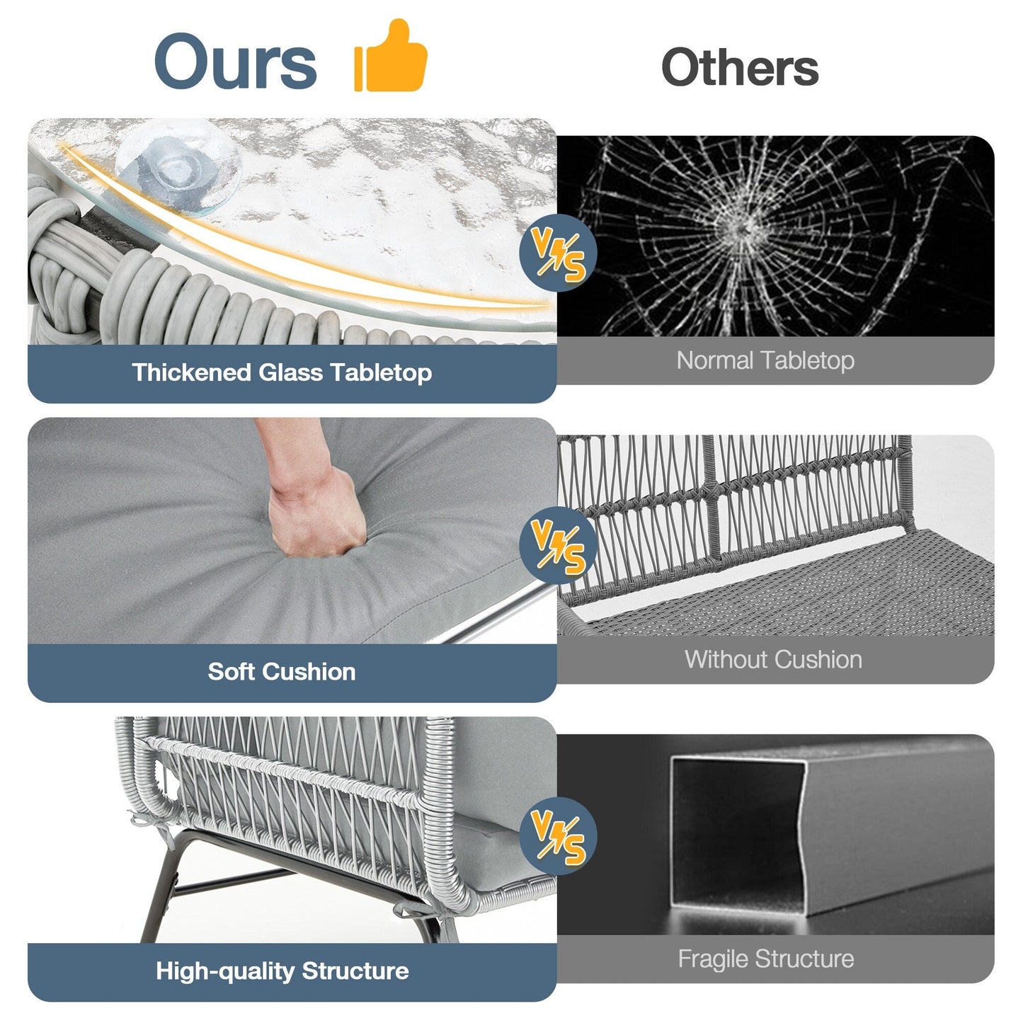 Ensemble de canapés de conversation sectionnels en osier, ensemble de meubles de patio 3 pièces avec coussins épais et table basse en verre trempé