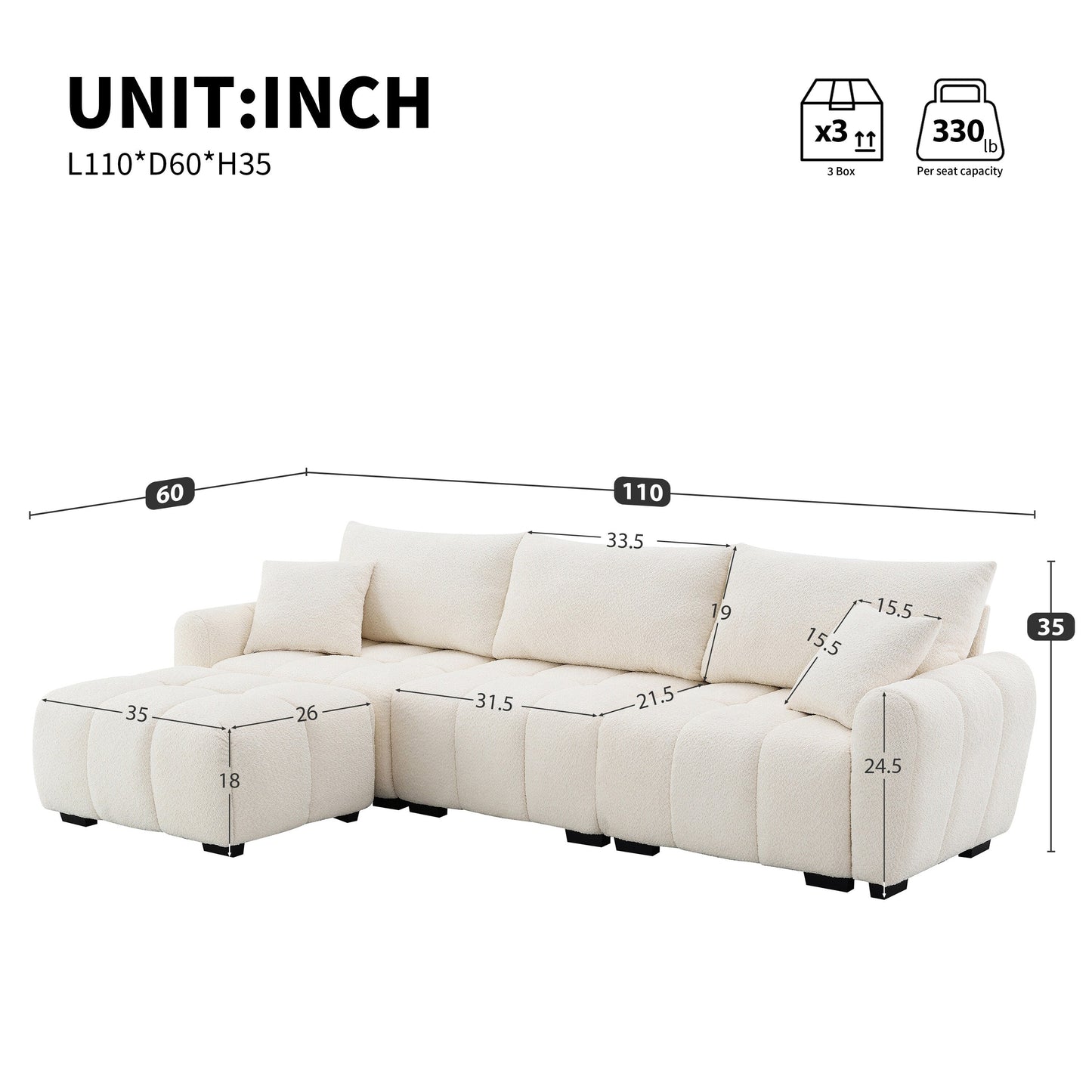 Canapé sectionnel ottoman mobile, mousse haute densité, combinaison libre