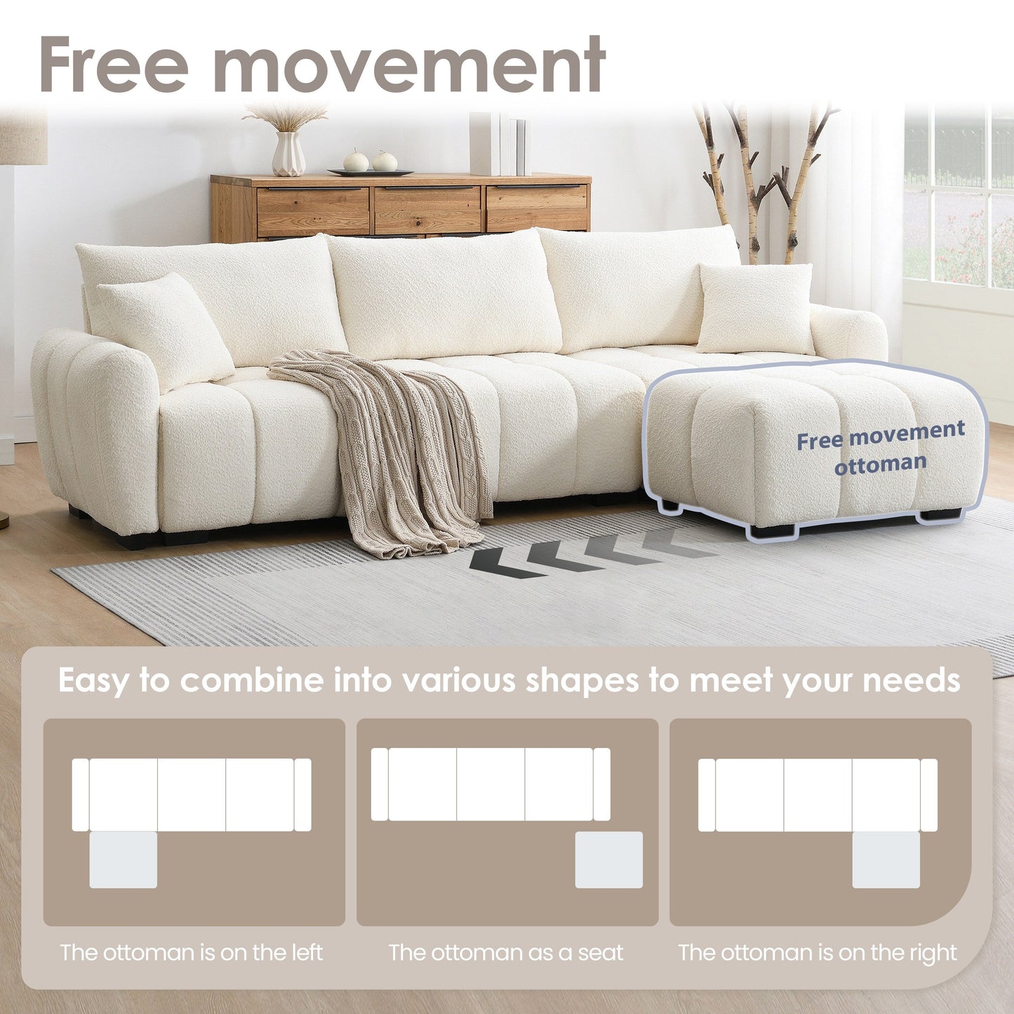 Canapé sectionnel ottoman mobile, mousse haute densité, combinaison libre
