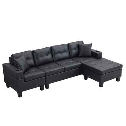 Ensemble de canapés sectionnels pour salon avec chaise longue en L, porte-gobelet et chaise longue gauche ou droite moderne 4 places (NOIR)