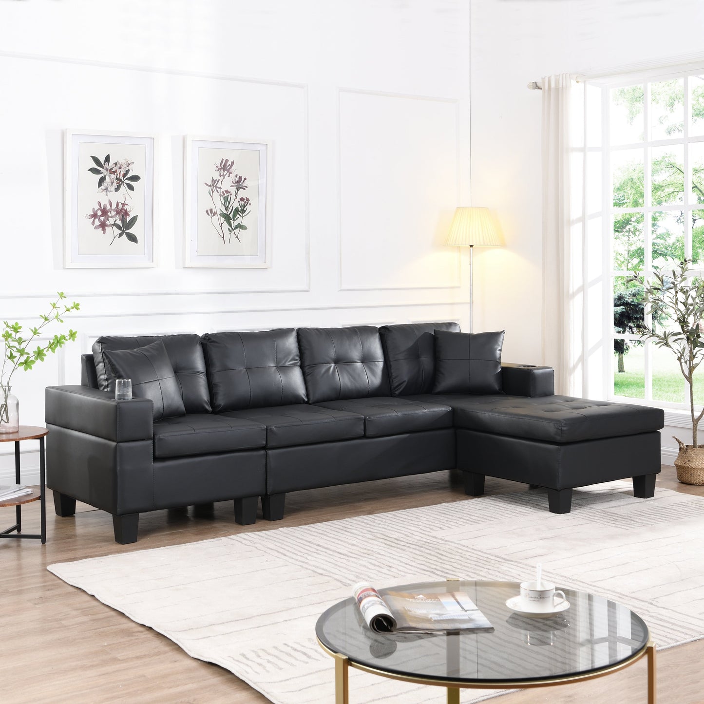Ensemble de canapés sectionnels pour salon avec chaise longue en L, porte-gobelet et chaise longue gauche ou droite moderne 4 places (NOIR)