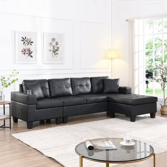Ensemble de canapés sectionnels pour salon avec chaise longue en L, porte-gobelet et chaise longue gauche ou droite moderne 4 places (NOIR)