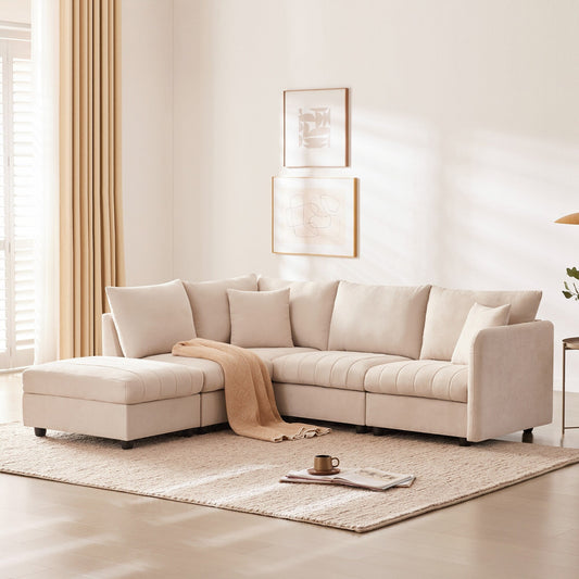 Canapé sectionnel à rayures verticales, 2 coussins, canapé 5 places avec pouf convertible, diverses combinaisons, forme en L