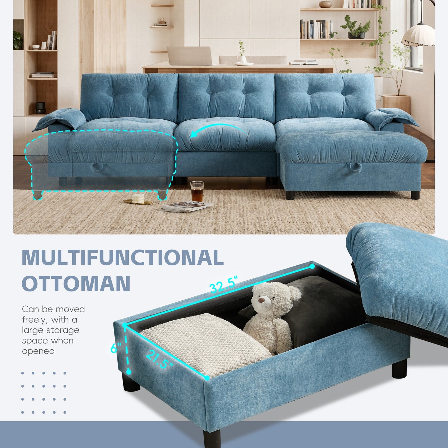Canapé sectionnel en L avec accoudoirs multifonctionnels, chargeur double port, porte-gobelet, poches de rangement latérales, coussin moelleux