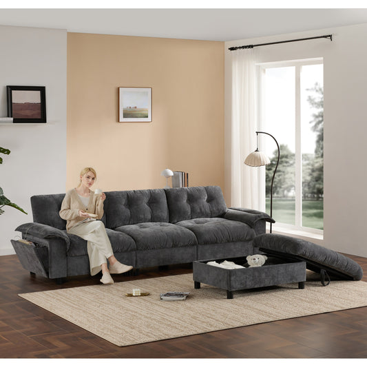 Canapé sectionnel en L avec accoudoirs multifonctionnels, chargeur double port, porte-gobelet, poches de rangement latérales, coussin moelleux
