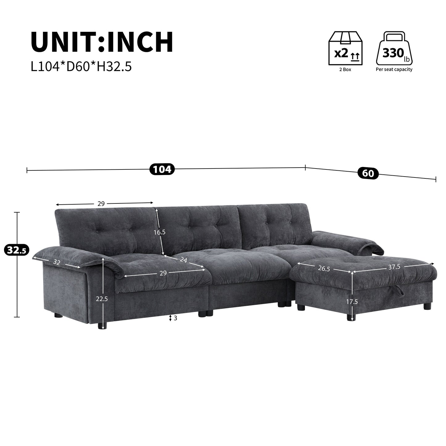 Canapé sectionnel en L avec accoudoirs multifonctionnels, chargeur double port, porte-gobelet, poches de rangement latérales, coussin moelleux