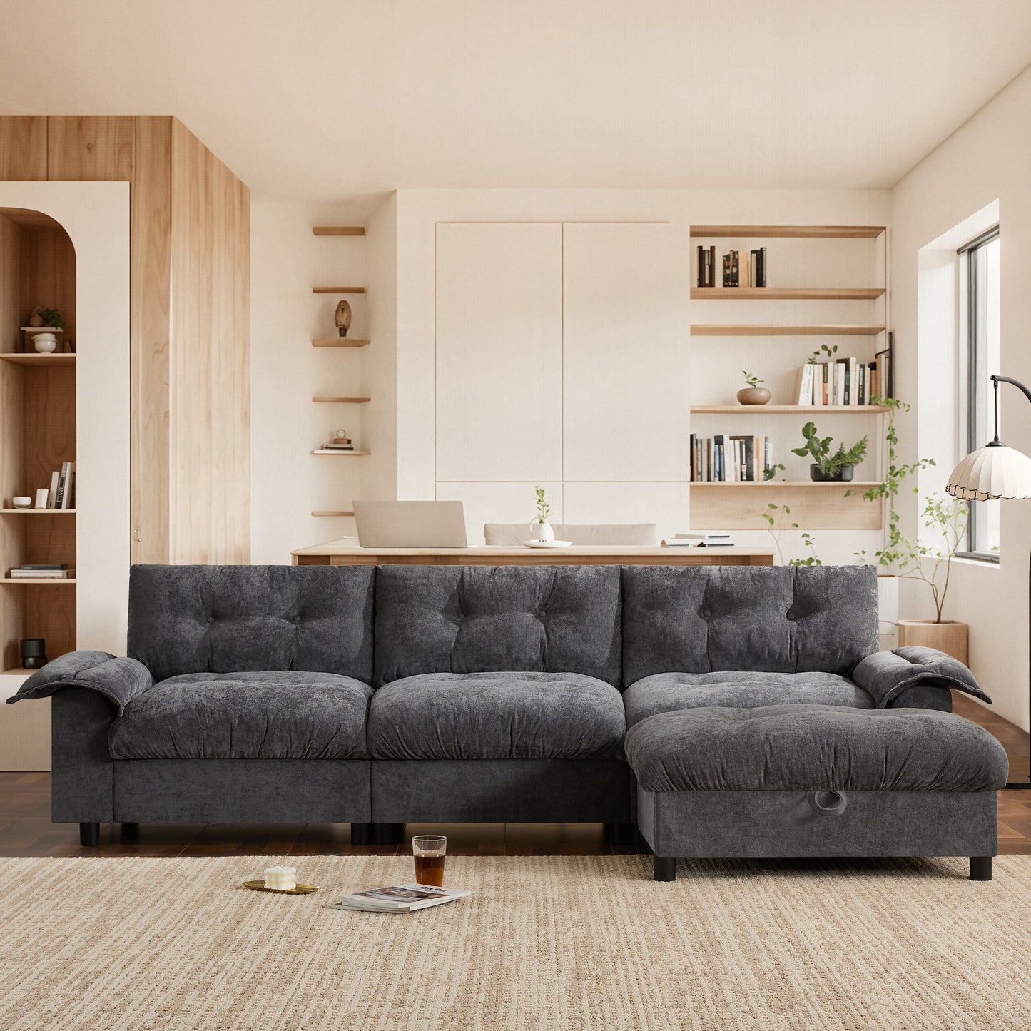 Canapé sectionnel en L avec accoudoirs multifonctionnels, chargeur double port, porte-gobelet, poches de rangement latérales, coussin moelleux
