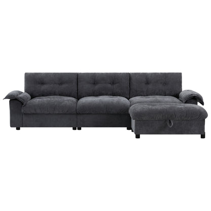 Canapé sectionnel en L avec accoudoirs multifonctionnels, chargeur double port, porte-gobelet, poches de rangement latérales, coussin moelleux