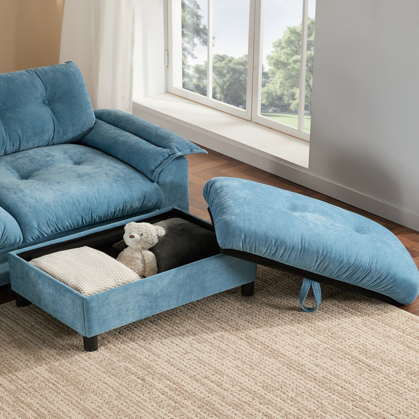 Canapé sectionnel en L avec accoudoirs multifonctionnels, chargeur double port, porte-gobelet, poches de rangement latérales, coussin moelleux