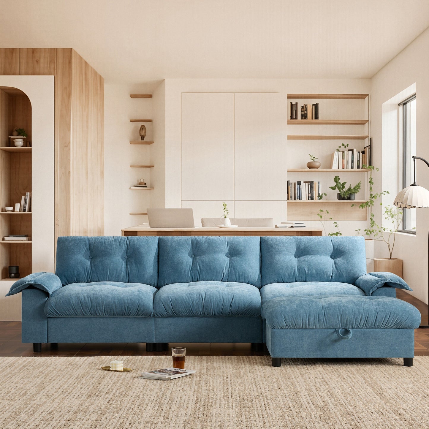 Canapé sectionnel en L avec accoudoirs multifonctionnels, chargeur double port, porte-gobelet, poches de rangement latérales, coussin moelleux