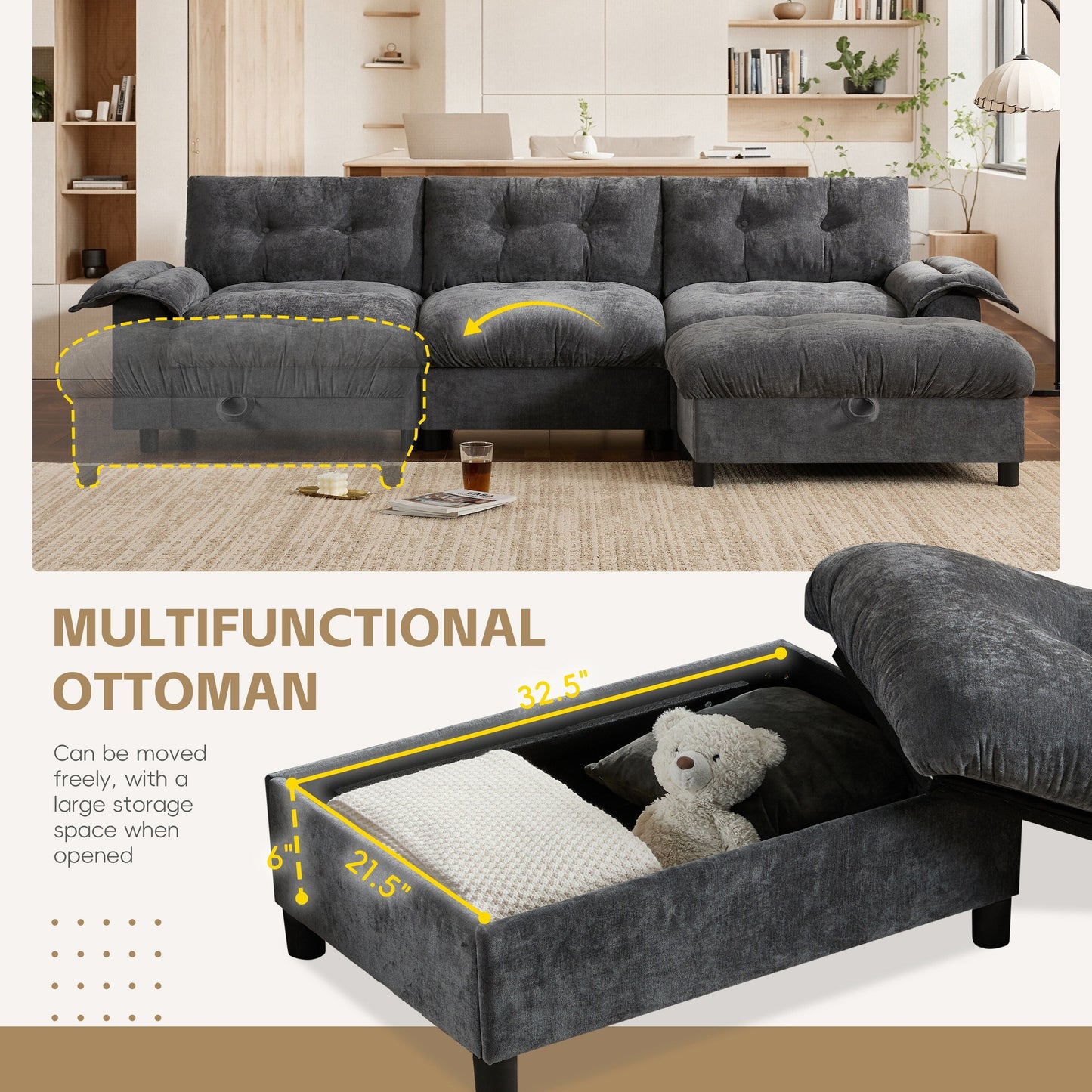 Canapé sectionnel en L avec accoudoirs multifonctionnels, chargeur double port, porte-gobelet, poches de rangement latérales, coussin moelleux