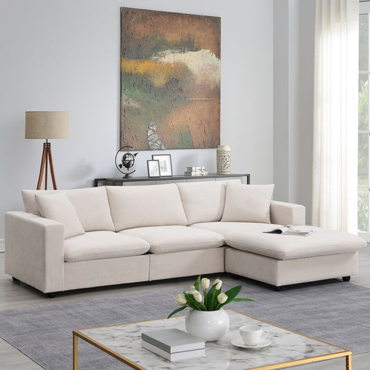 Canapé sectionnel, ensemble de canapés en L avec 2 coussins gratuits, ensemble de canapés 4 places en tissu polyester avec pouf convertible