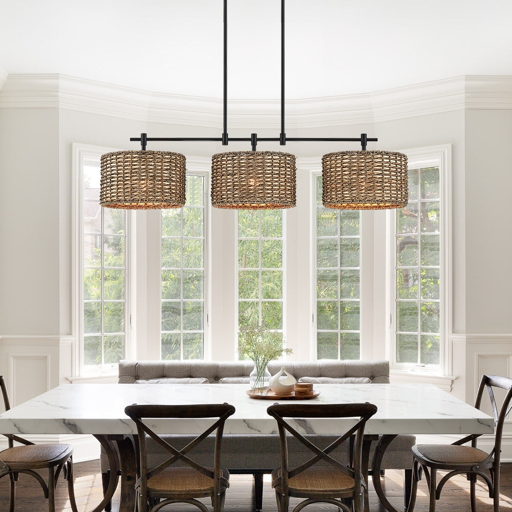 Lustre linéaire noir Sedgy à 3 lumières pour îlot de cuisine de style ferme - 41 W