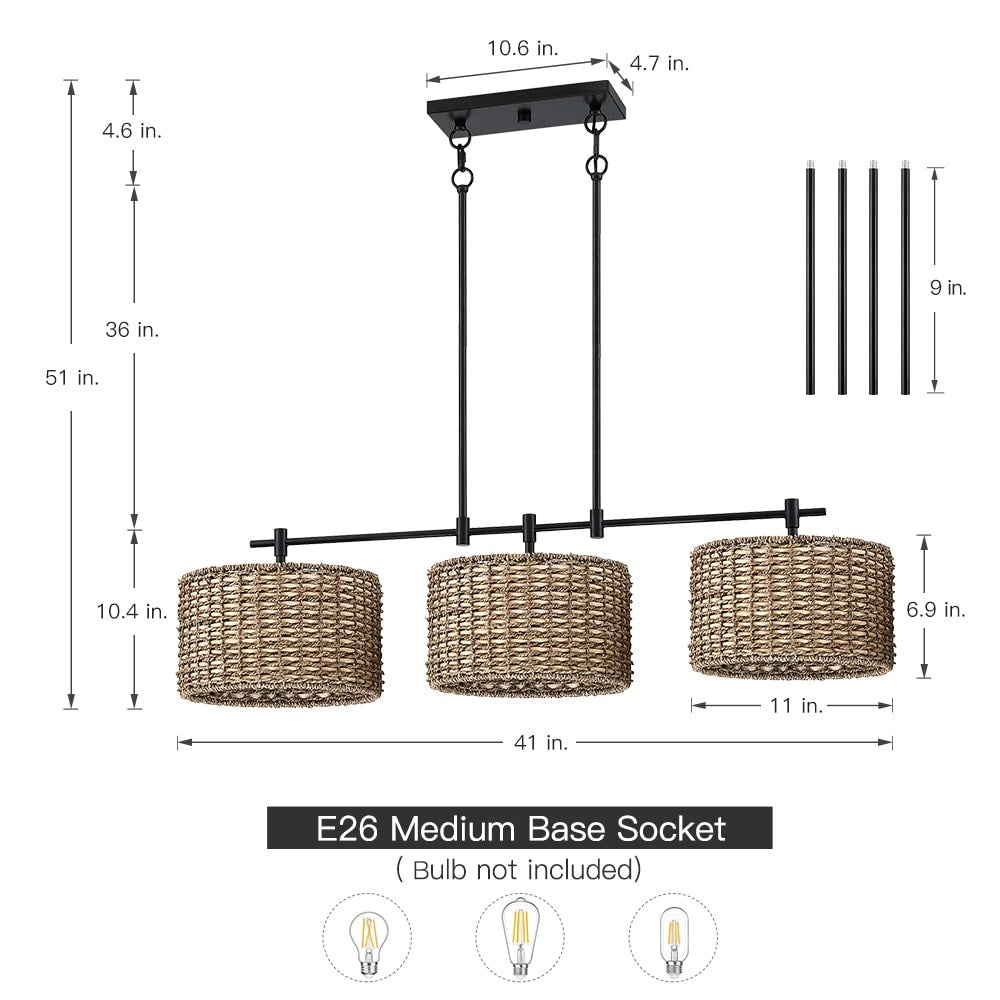 Lustre linéaire noir Sedgy à 3 lumières pour îlot de cuisine de style ferme - 41 W