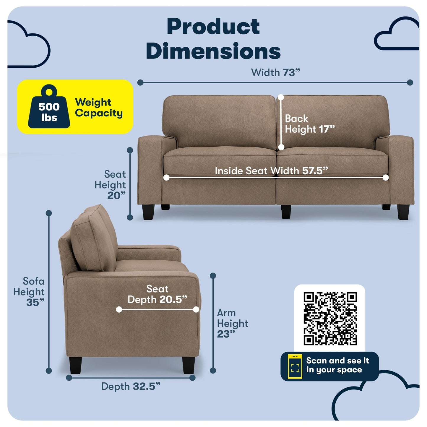 Canapé Serta Palisades 73 à accoudoirs droits, polyester facile d'entretien, dossier moelleux et coussins d'assise à ressorts ensachés