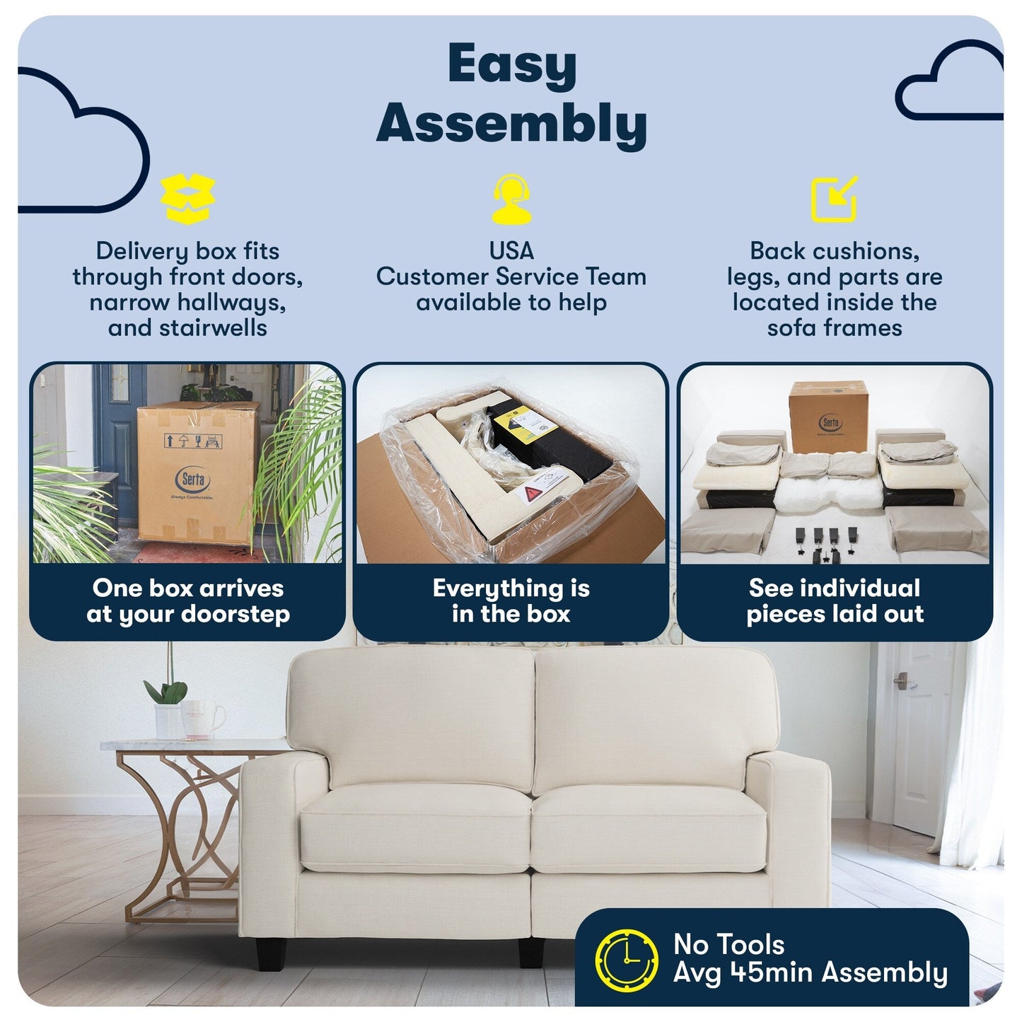 Canapé Serta Palisades 73 à accoudoirs droits, polyester facile d'entretien, dossier moelleux et coussins d'assise à ressorts ensachés