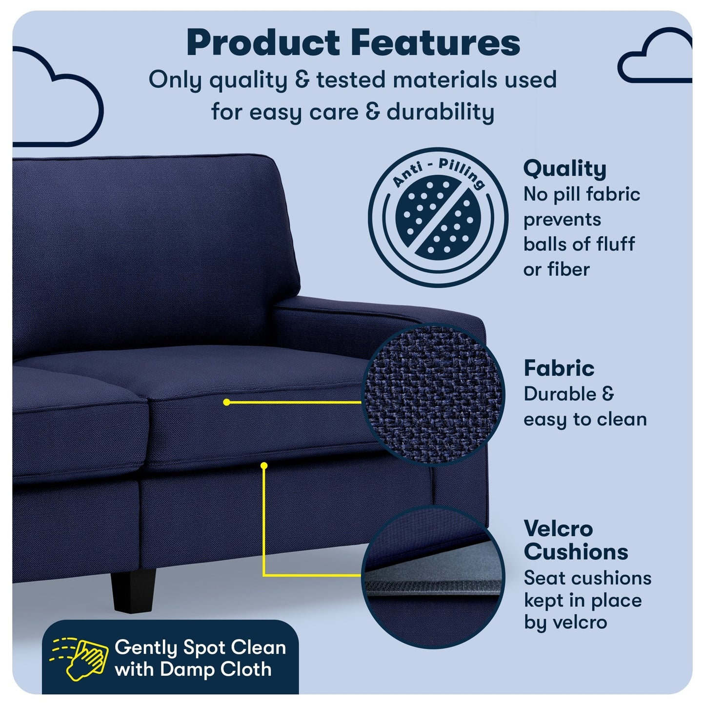 Canapé Serta Palisades 73 à accoudoirs droits, polyester facile d'entretien, dossier moelleux et coussins d'assise à ressorts ensachés
