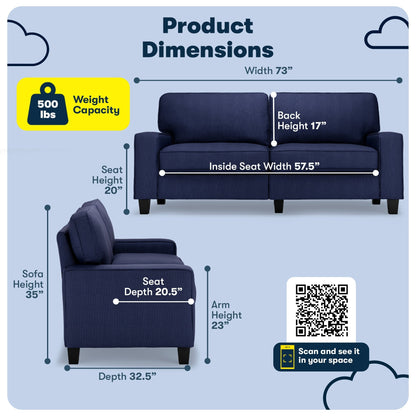 Canapé Serta Palisades 73 à accoudoirs droits, polyester facile d'entretien, dossier moelleux et coussins d'assise à ressorts ensachés