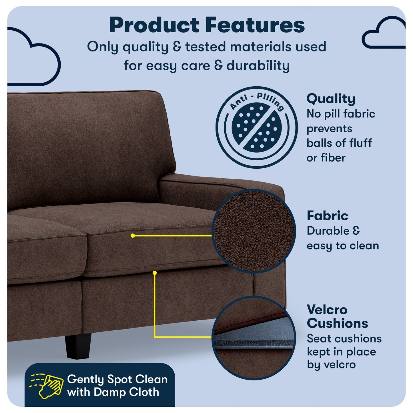 Canapé Serta Palisades 73 à accoudoirs droits, polyester facile d'entretien, dossier moelleux et coussins d'assise à ressorts ensachés