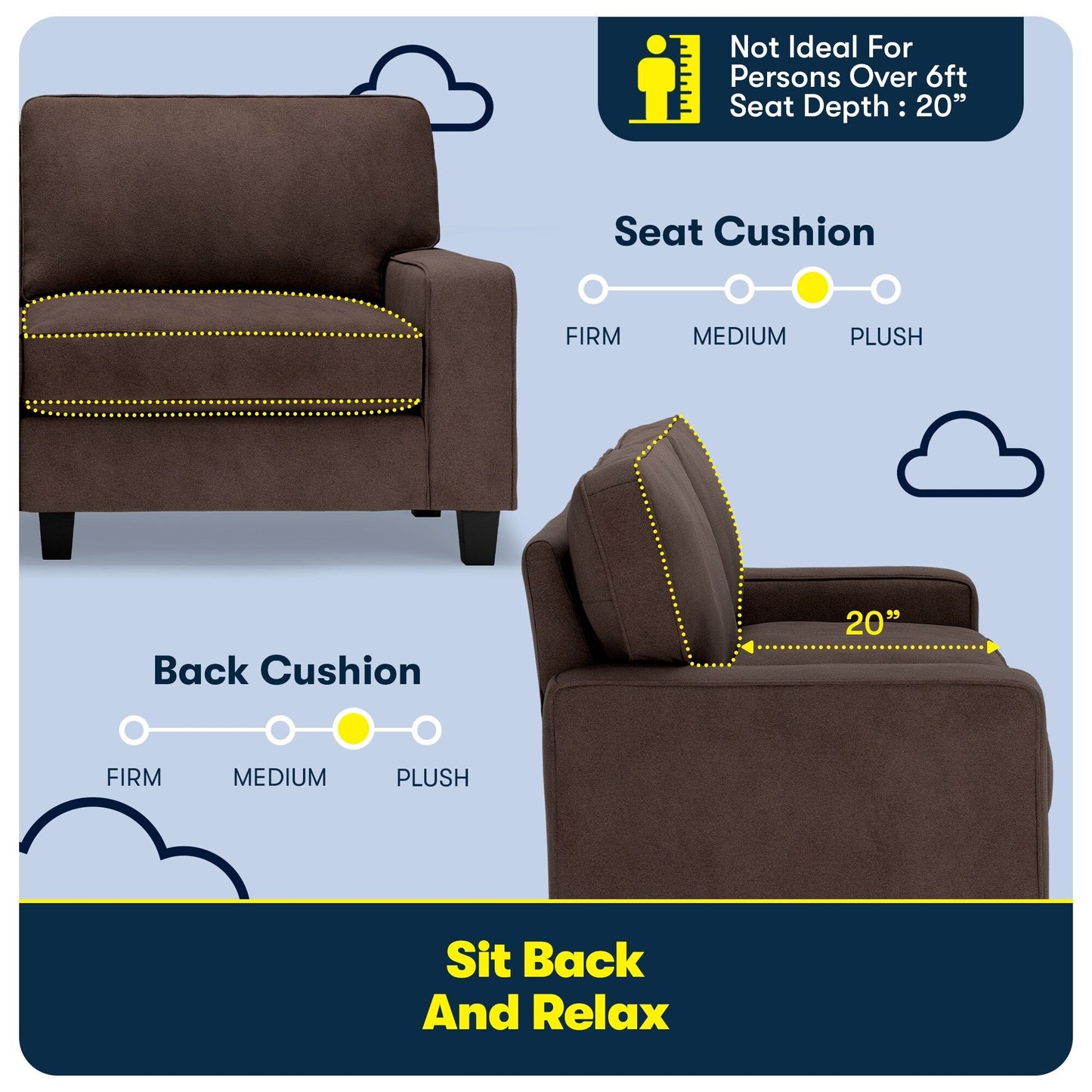 Canapé Serta Palisades 73 à accoudoirs droits, polyester facile d'entretien, dossier moelleux et coussins d'assise à ressorts ensachés