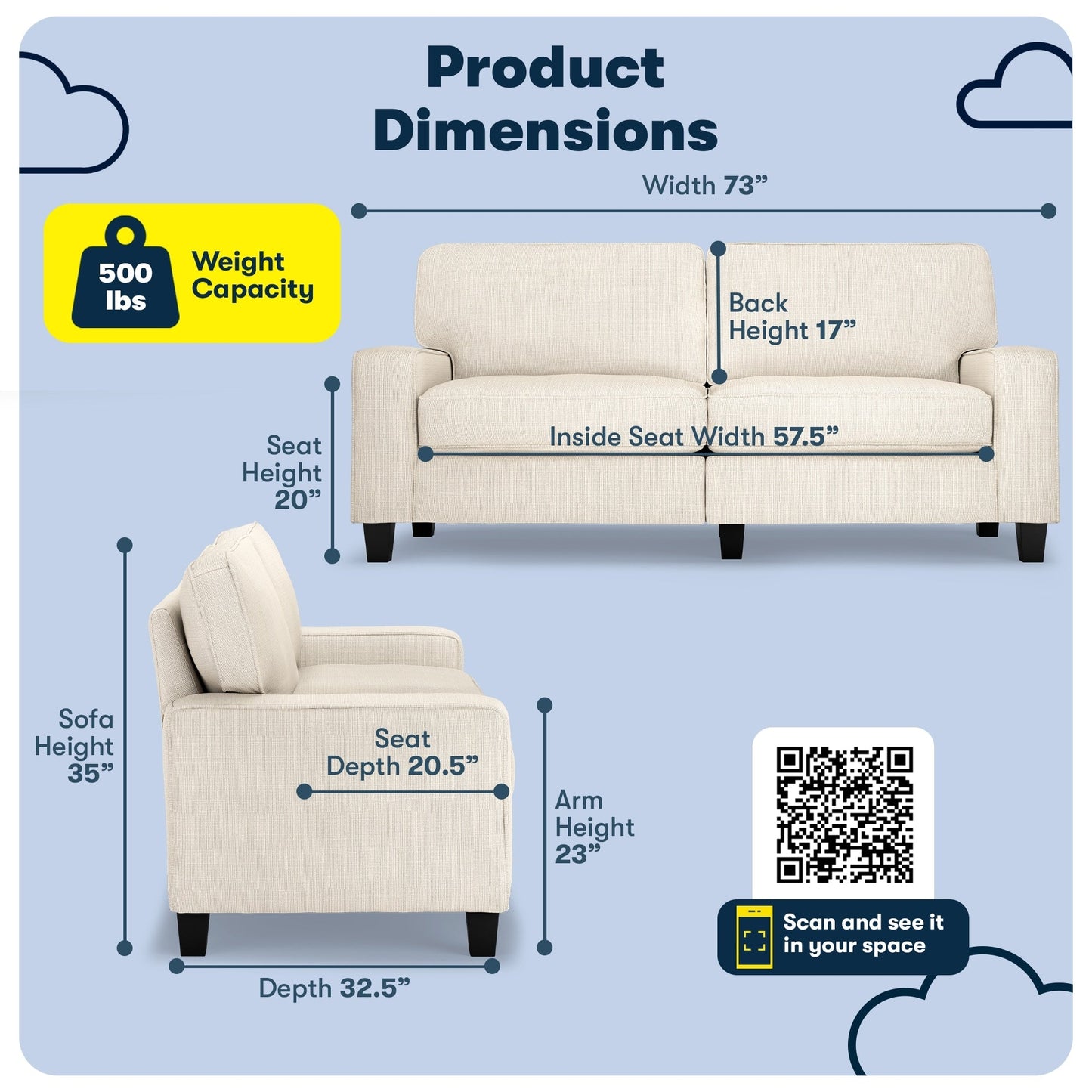 Canapé Serta Palisades 73 à accoudoirs droits, polyester facile d'entretien, dossier moelleux et coussins d'assise à ressorts ensachés