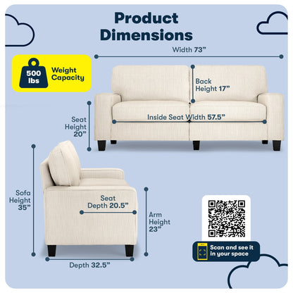 Canapé Serta Palisades 73 à accoudoirs droits, polyester facile d'entretien, dossier moelleux et coussins d'assise à ressorts ensachés
