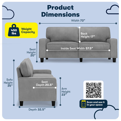 Canapé Serta Palisades 73 à accoudoirs droits, polyester facile d'entretien, dossier moelleux et coussins d'assise à ressorts ensachés