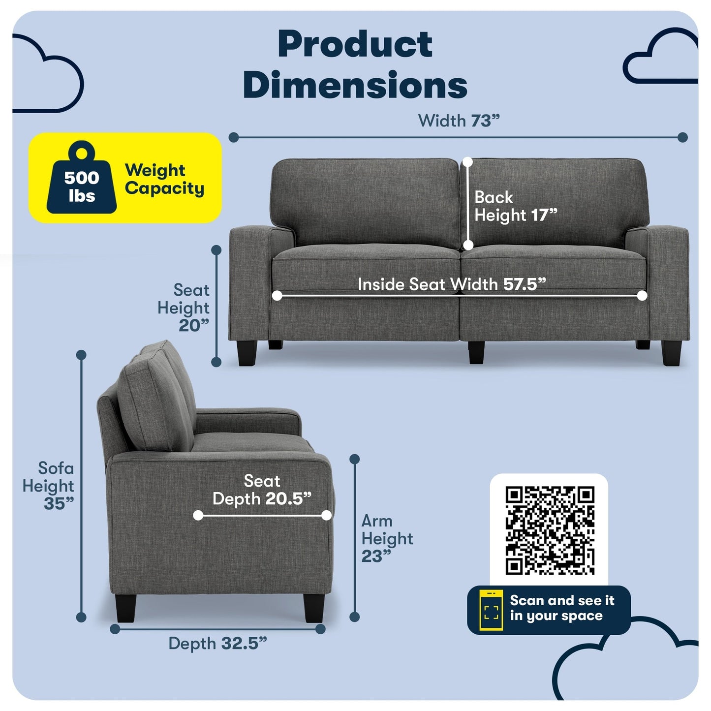 Canapé Serta Palisades 73 à accoudoirs droits, polyester facile d'entretien, dossier moelleux et coussins d'assise à ressorts ensachés
