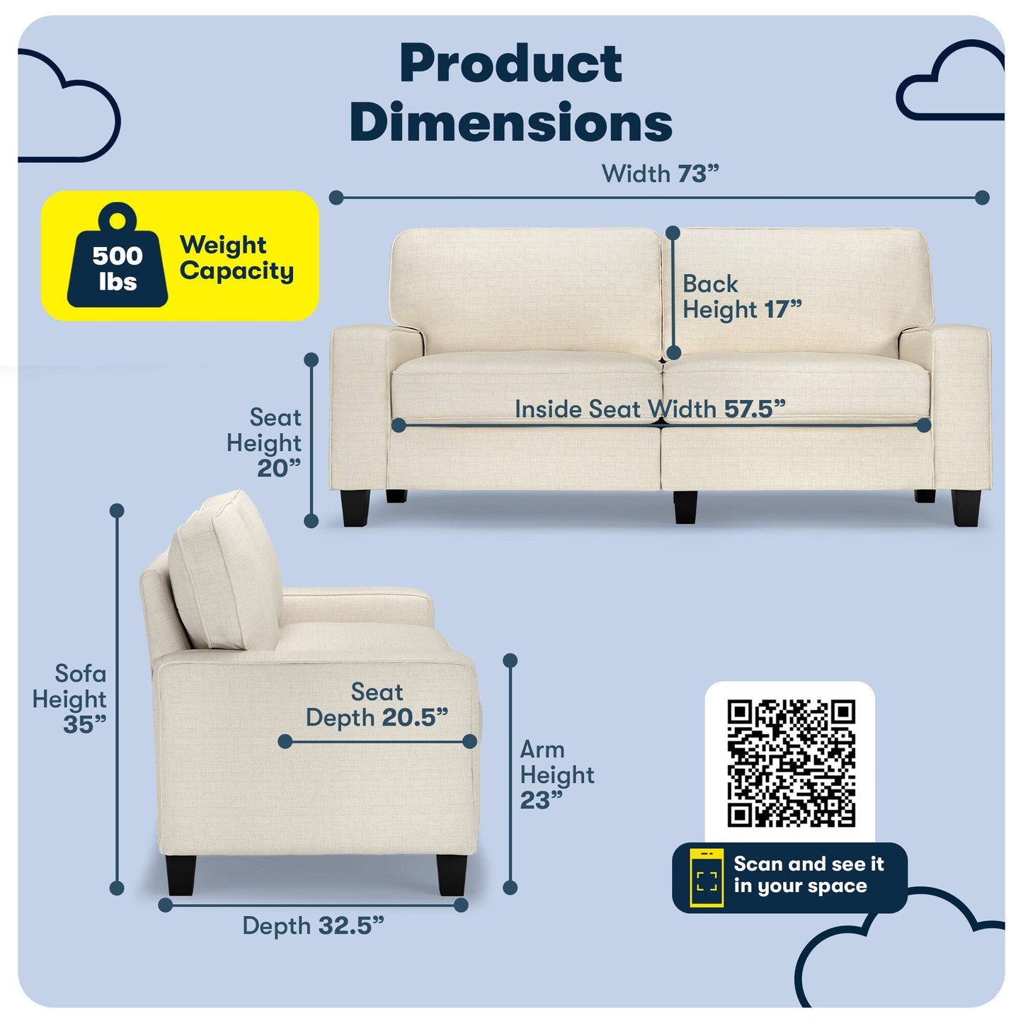 Canapé Serta Palisades 73 à accoudoirs droits, polyester facile d'entretien, dossier moelleux et coussins d'assise à ressorts ensachés