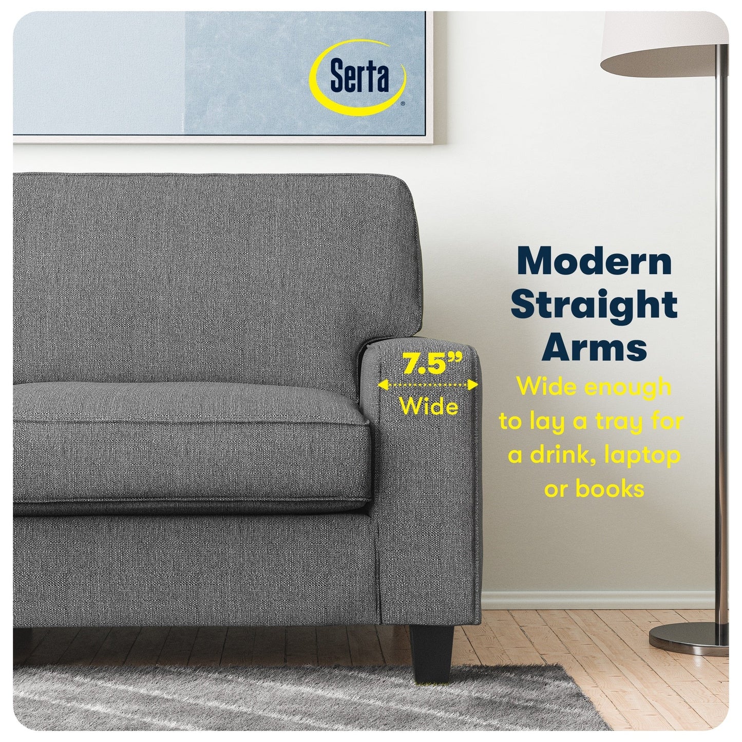 Canapé Serta Palisades 73 à accoudoirs droits, polyester facile d'entretien, dossier moelleux et coussins d'assise à ressorts ensachés