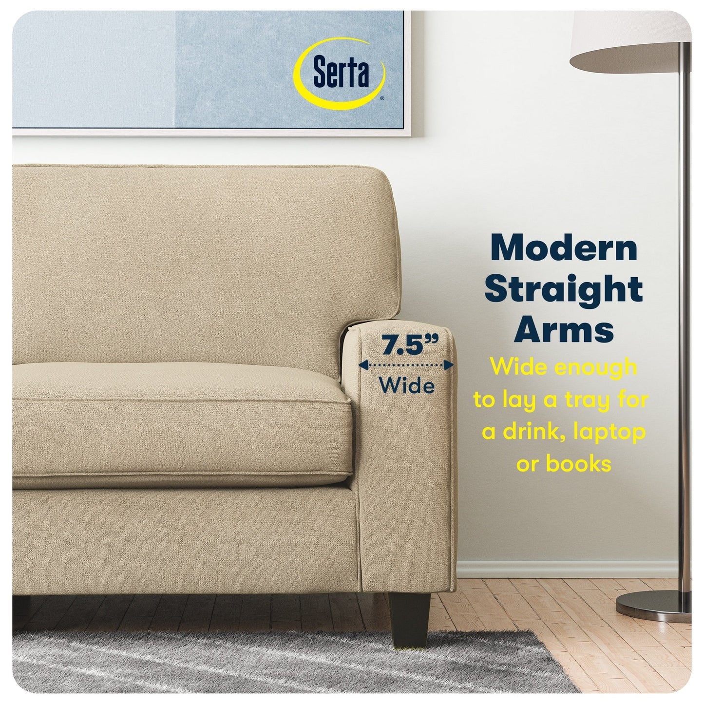 Canapé Serta Palisades 73 à accoudoirs droits, polyester facile d'entretien, dossier moelleux et coussins d'assise à ressorts ensachés