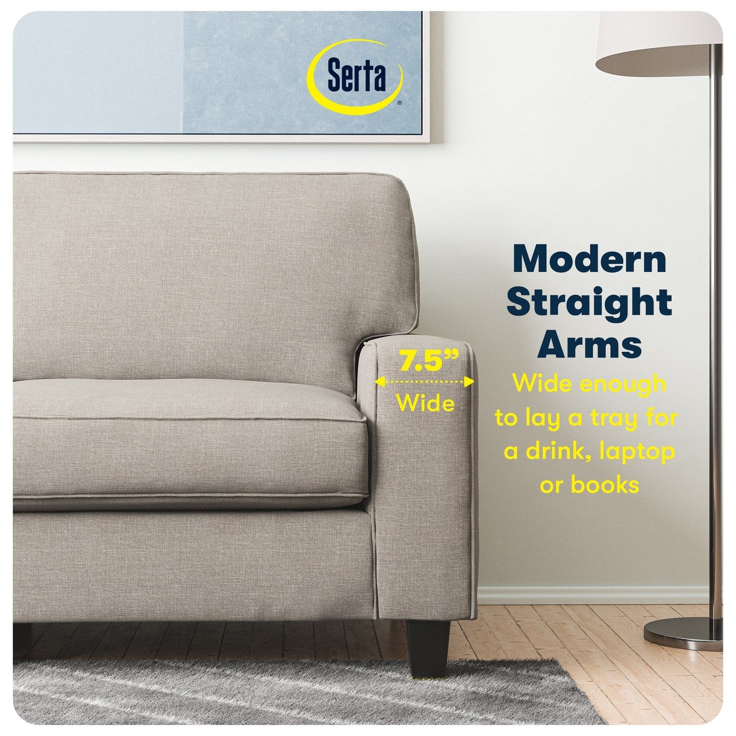 Canapé Serta Palisades 73 à accoudoirs droits, polyester facile d'entretien, dossier moelleux et coussins d'assise à ressorts ensachés