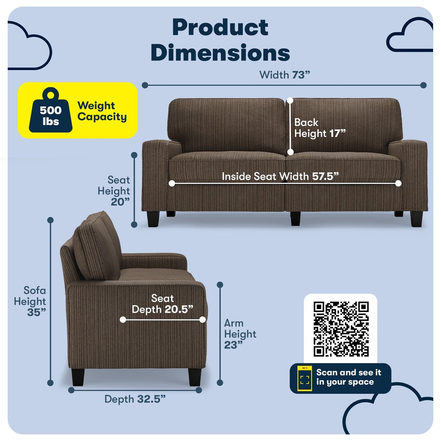 Canapé Serta Palisades 73 à accoudoirs droits, polyester facile d'entretien, dossier moelleux et coussins d'assise à ressorts ensachés