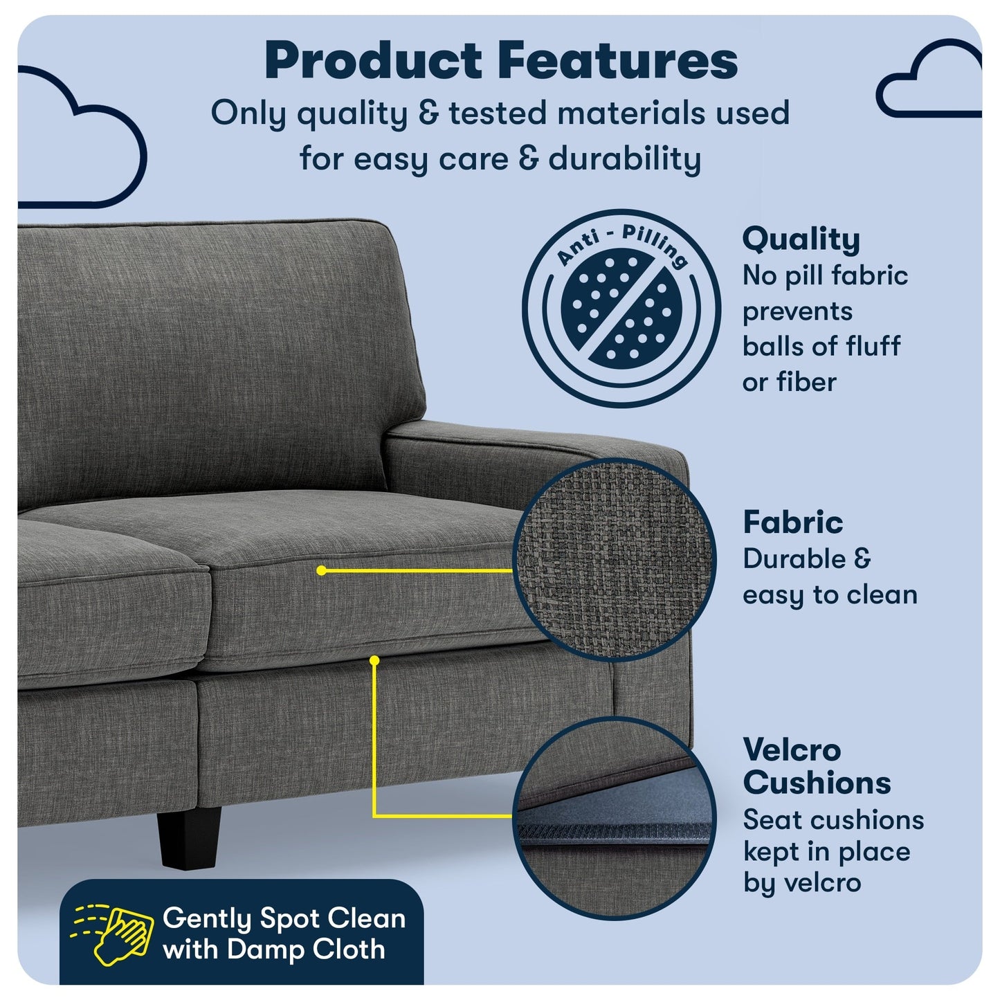 Canapé Serta Palisades 73 à accoudoirs droits, polyester facile d'entretien, dossier moelleux et coussins d'assise à ressorts ensachés