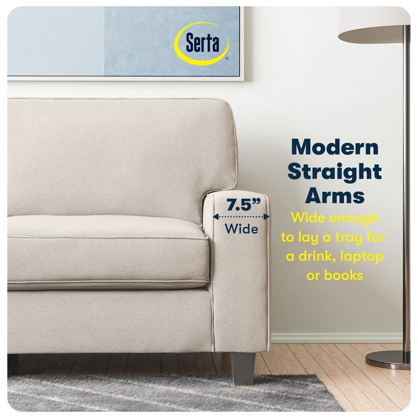 Canapé Serta Palisades 73 à accoudoirs droits, polyester facile d'entretien, dossier moelleux et coussins d'assise à ressorts ensachés