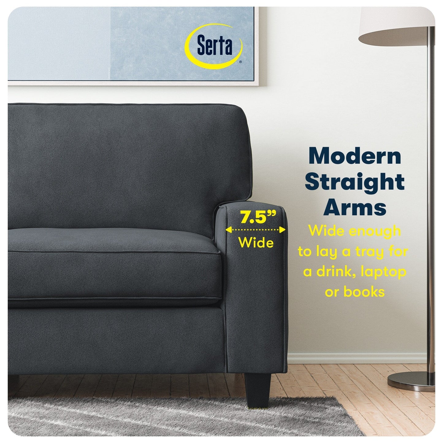 Canapé Serta Palisades 73 à accoudoirs droits, polyester facile d'entretien, dossier moelleux et coussins d'assise à ressorts ensachés