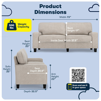 Canapé Serta Palisades 73 à accoudoirs droits, polyester facile d'entretien, dossier moelleux et coussins d'assise à ressorts ensachés