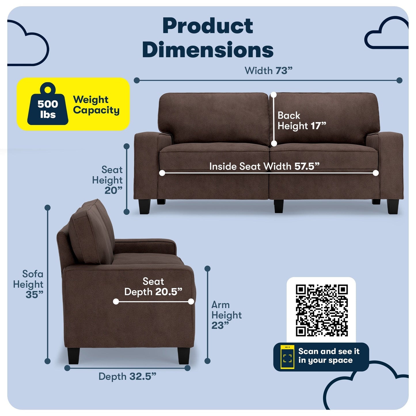 Canapé Serta Palisades 73 à accoudoirs droits, polyester facile d'entretien, dossier moelleux et coussins d'assise à ressorts ensachés