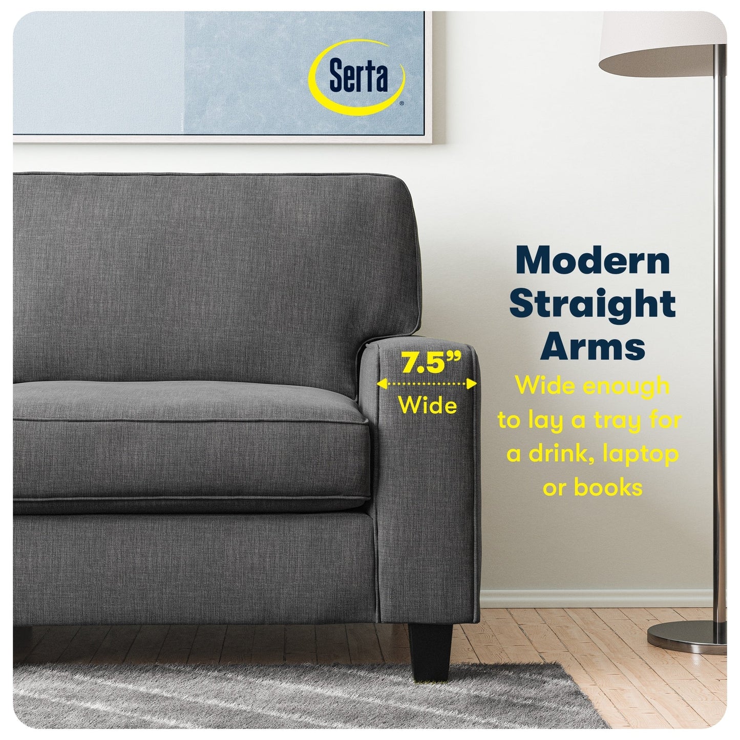Canapé Serta Palisades 73 à accoudoirs droits, polyester facile d'entretien, dossier moelleux et coussins d'assise à ressorts ensachés
